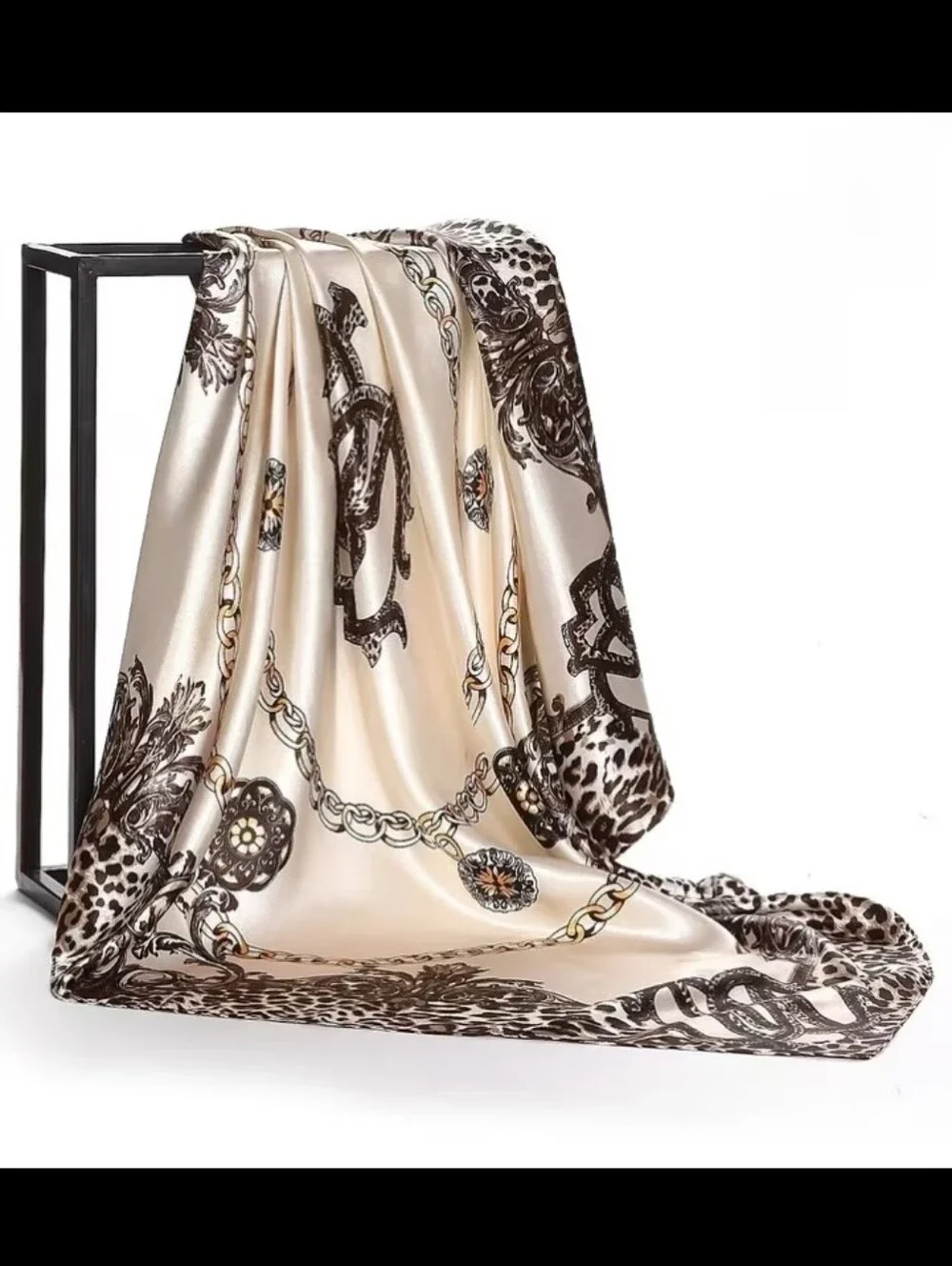Silk-Feel Cream & Brown Chain & Leopard Pattern Headscarf /Scarf/Bag Accessory